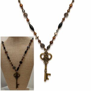 Vintage Style Key Pendant Necklace Black Brown Beads Antique Brass
